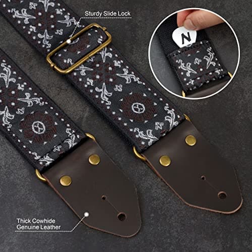 Embroidered Cotton Guitar Strap with Leather Ends - Best Gift for Kids and Guitarists