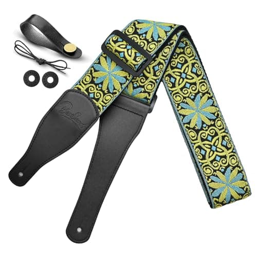 Jacquard Embroidered Cotton Guitar Strap with Leather Ends for Bass, Acoustic & Electric — Lemon Yellow / Lt Blue