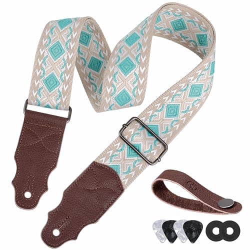 Head Layer Cowhide Leather Guitar Strap, 2" Wide, 2 Locks, 4 Picks Included — Green Square