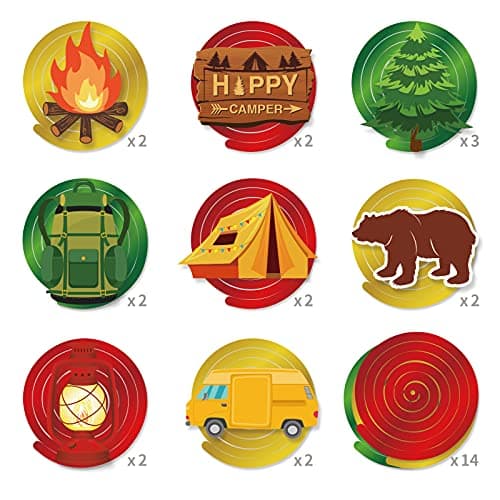 30CT Camping Swirl Party Decorations, Happy Camper Foil Swirls for birthdays & baby showers