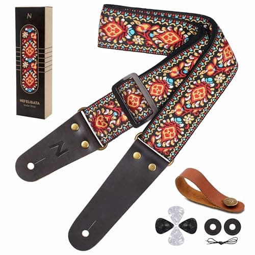 Nefelibata Embroidered Cotton Guitar Strap with Cowhide Ends (Saffron)