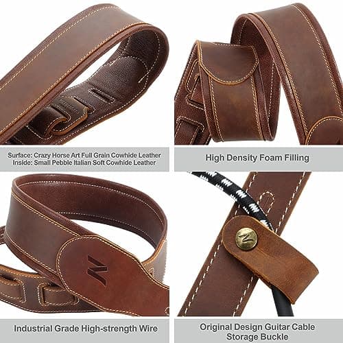Vintage Brown Double Layer Full-Grain Leather Guitar Strap with Cable Storage Loop