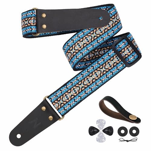 Embroidered Guitar Strap with Leather Ends & Pocket, for Bass & Electric Guitars — Blue Arrow
