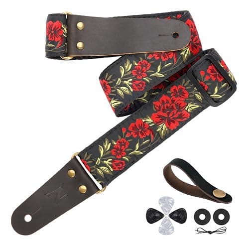 Embroidered Guitar Strap with Leather Ends & Pocket, for Bass & Electric Guitars — Red Rose