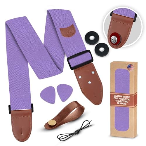 Adjustable Art Tribute Guitar Strap with Security Locks and Unique Picks — A Purple