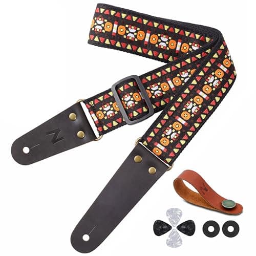 Guitar Strap with Flower Embroidery for Bass, Electric & Acoustic Guitars — Orange Geometry