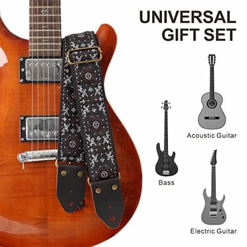 Embroidered Cotton Guitar Strap with Leather Ends - Best Gift for Kids and Guitarists