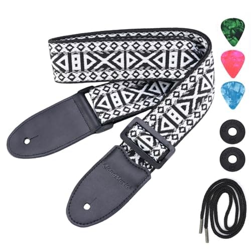 Vintage Classical Pattern CloudMusic Guitar Strap with Leather Ends — Black and White Tribal Pattern