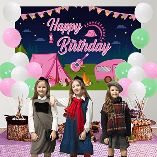 Happy Birthday Camping Party Decorations - Pink Banner & Backdrop, Cake Topper, Garland & Cupcake Topper