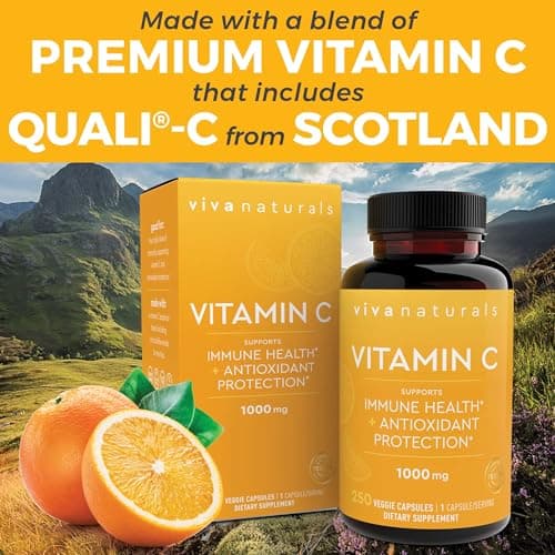 Viva Naturals Non-GMO Vitamin C 1000mg with Bioflavonoids & Rose HIPS, 250 Capsules