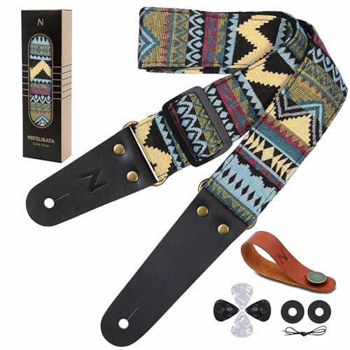 Nefelibata Embroidered Cotton Guitar Strap with Cowhide Ends (Saffron) — E# - Cool Colorful Rippled