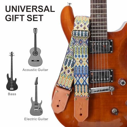 Bohemia Style Woven Cotton Guitar Strap with Leather Ends for Guitarists