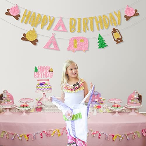 Pink Glitter Camping Birthday Banner & Toppers for Girl Parties