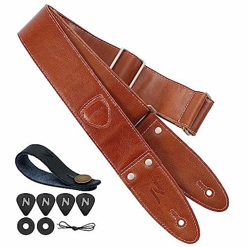 Nefelibata Guitar Strap, Full Grain Leather with Pick Pocket for Bass, Electric & Acoustic Guitar - Haze Blue — Ab#-coffee Brown