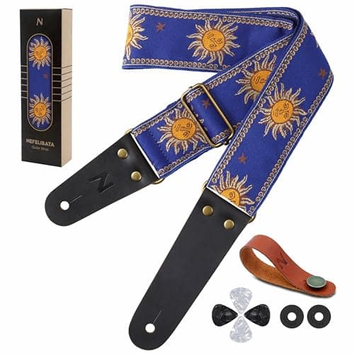 Nefelibata Embroidered Cotton Guitar Strap with Cowhide Ends (Saffron) — Golden Sun-blue