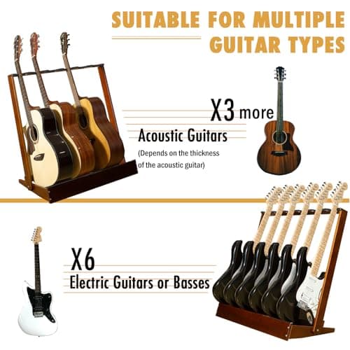 Multiple Guitar Holder Wooden Stand, 6-Holder Folding Rack for Acoustic, Electric & Bass Guitars