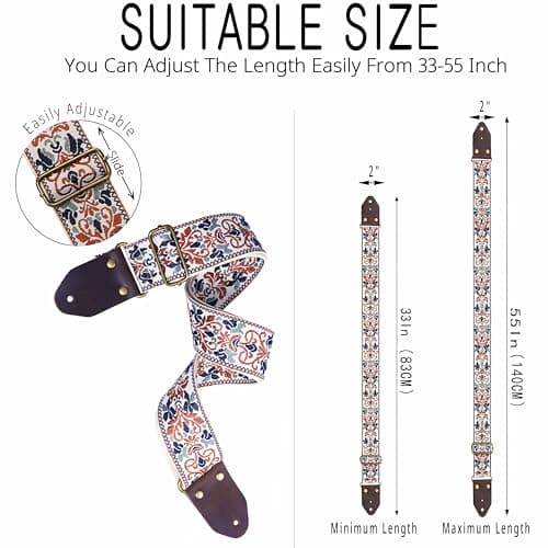 Embroidered Cotton Guitar Strap with Leather Ends for Bass and Electric Guitar