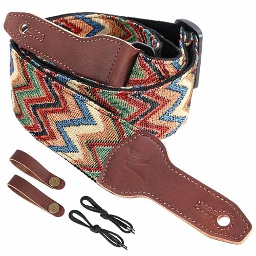 Nefelibata Banjo Strap, 2 Wide Double Full Grain Cowhide Guitar Strap - Small Flower Embroidery — Boho Rainbow Colours