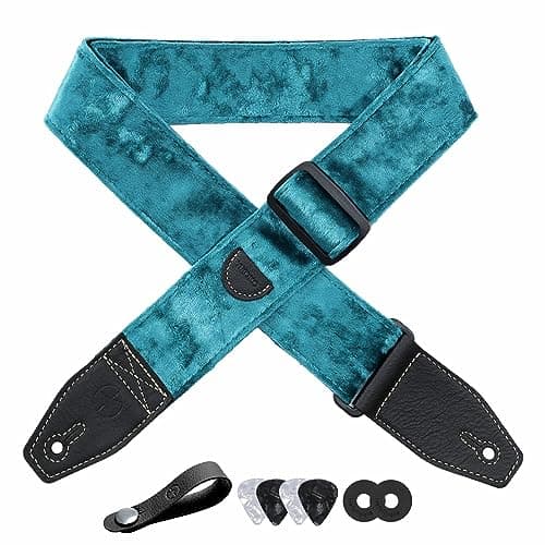 2 Inch Velvet Guitar Strap with Full Grain Leather Ends - Bass, Electric & Acoustic Compatible — Lake Blue