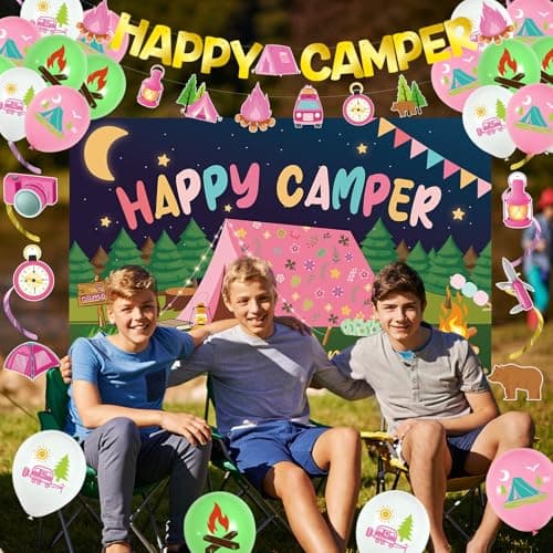 Roetyce Camping Party Decorations: Pink Happy Camper Banner Balloons Kit