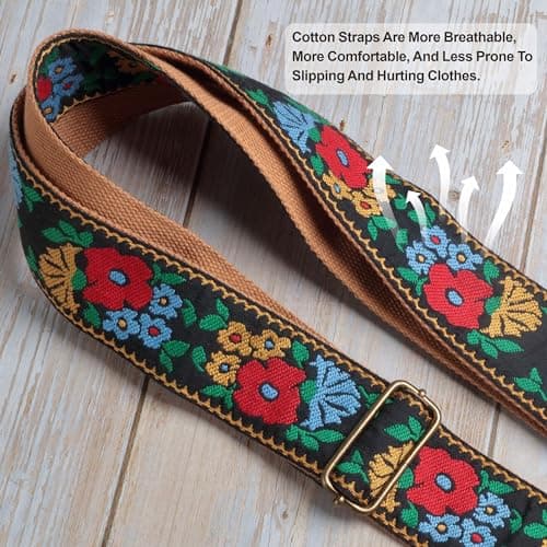 Nefelibata Vintage Jacquard Embroidery Cotton Guitar Strap with Leather Ends for Electric and Acoustic Guitars - Includes Free Accessories