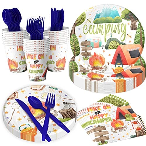 Campfire Themed Party Plates, Napkins, Cups & Utensils for Kids' Birthday, Serves 20 Guests