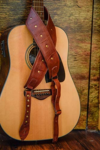 Vintage Brown Leather Guitar Strap with Antique Brass Studs