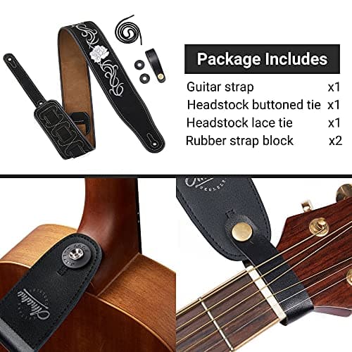 Amumu Black Suede Leather Flower Embroidered Guitar Strap