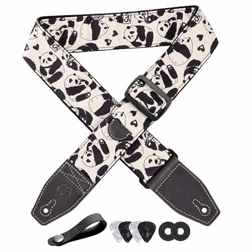 Guitar Strap 2 Inch Embroidery Cotton Guitar Straps with Full Grain Leather End for Bass Electric and Acoustic Guitars Free Strap Button — Panda