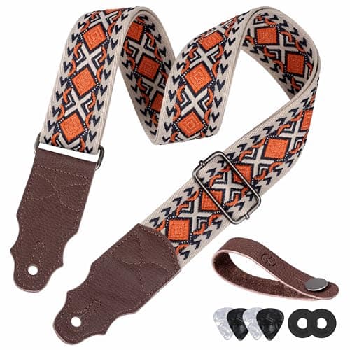 Head Layer Cowhide Leather Guitar Strap, 2" Wide, 2 Locks, 4 Picks Included — Orange Square