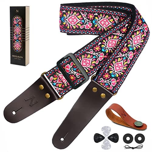 Nefelibata Embroidered Cotton Guitar Strap with Cowhide Ends (Saffron) — B# - Pink Flower