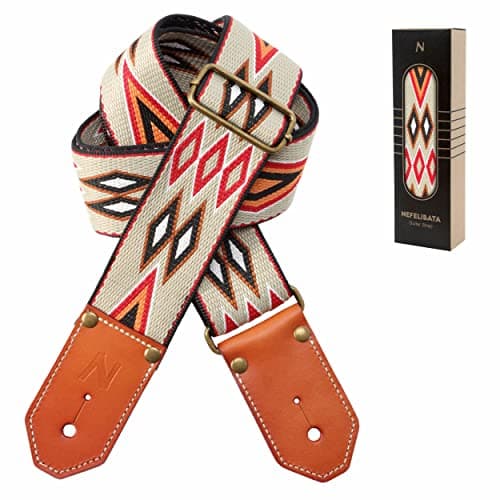 Nefelibata Cool Woven Guitar Strap - Cotton with Leather Ends for Acoustic, Bass, and Electric Guitars - Perfect Gift for Guitarists — Orange Rhombus