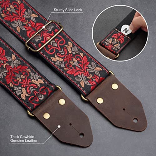 Nefelibata Retro Red Flower Jacquard Embroidery Cotton Guitar Straps for Bass, Electric & Acoustic Guitarists, Best Gifts for Kids