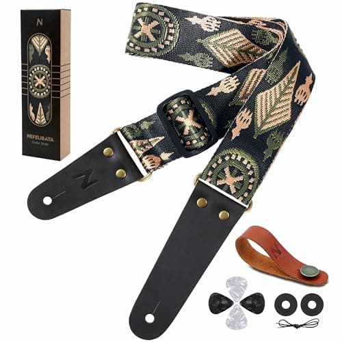 Nefelibata Embroidered Cotton Guitar Strap with Cowhide Ends (Saffron) — Leaves Embroidery