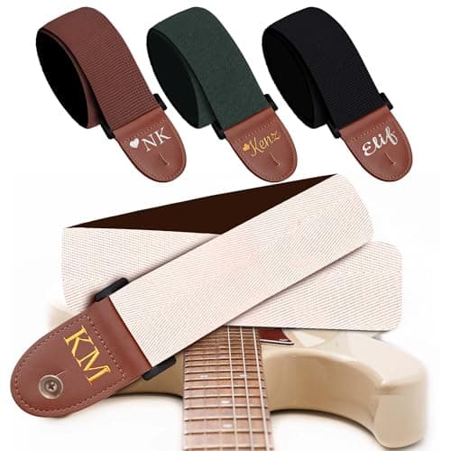 Black Silver Classic Woven Guitar Strap with Pick + Lock + Button - Add Your Text — Custom Cream