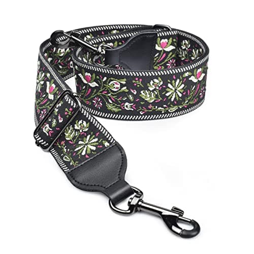 Banjo Strap Guitar Strap with Leather Ends and Metal Clips (Flowers) — Chic Flowers in Black