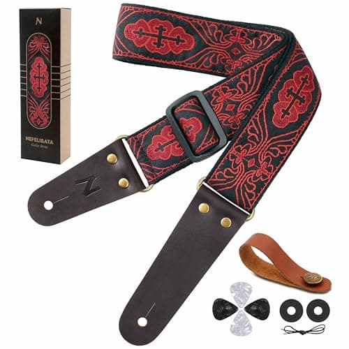 Vintage Embroidered Nefelibata Guitar Strap with Cowhide Ends, 1 Pair Locks & Picks — Mystery Pattern