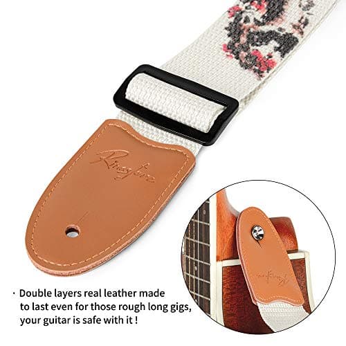 Embroidered Acoustic Guitar Strap with Real Leather Ends & Button Lock for Electric & Bass Guitars