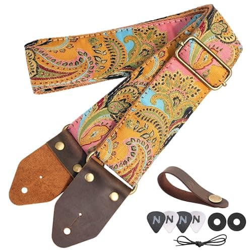 Red Gold Embroidery Nefelibata Jacquard Guitar Strap for Bass, Electric & Acoustic — H#-golden Silk Golden Flower