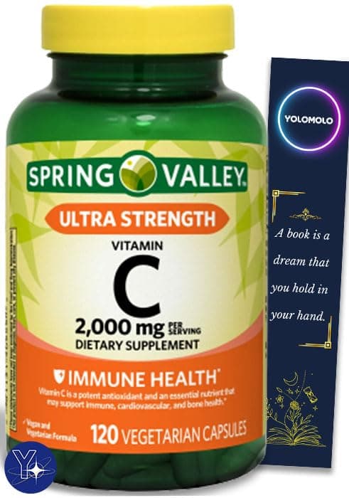 Ultra Strength Vitamin C Capsules - 2,000 mg, 120 Count and Bookmark Gift of YOLOMOLO