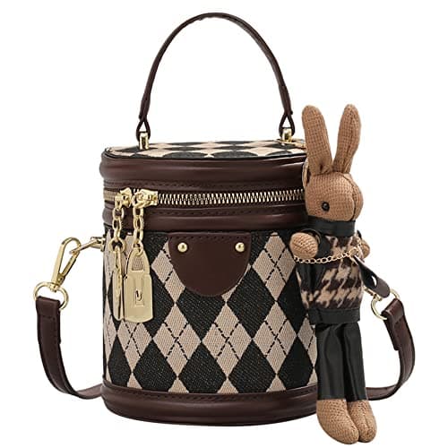 RTGGSEL Quilted Lattice Shoulder Bag for Women with Bunny Pendant — Bucket Coffee