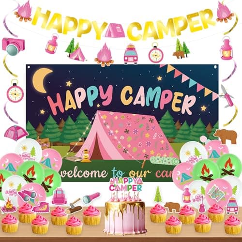 Roetyce Camping Party Decorations: Pink Happy Camper Banner Balloons Kit