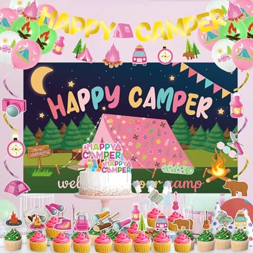Roetyce Camping Party Decorations: Pink Happy Camper Banner Balloons Kit