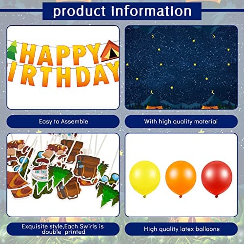 Camping Party Supplies: Paper Plates, Banner, Cupcake Toppers, Tablecloth, Centerpiece, Balloons