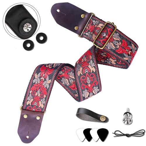Embroidered Cotton Guitar Strap with Leather Ends for Bass and Electric Guitar — Red