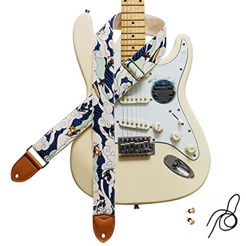 MUSIC FIRST Vintage Style Hand-Made Crochet Flowers Electric Guitar & Bass Strap, 2 Inch Width — Surfing Cat