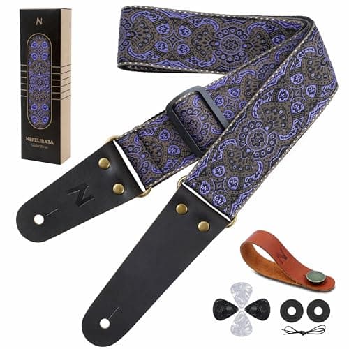Vintage Embroidered Nefelibata Guitar Strap with Cowhide Ends, 1 Pair Locks & Picks — Purple