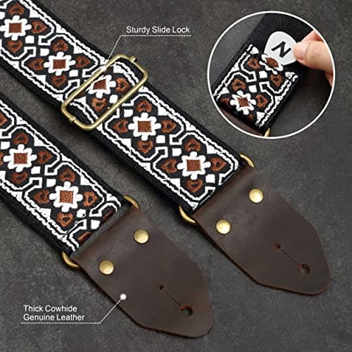 Vintage White Embroidery Nefelibata Jacquard Guitar Strap for Bass, Electric & Acoustic