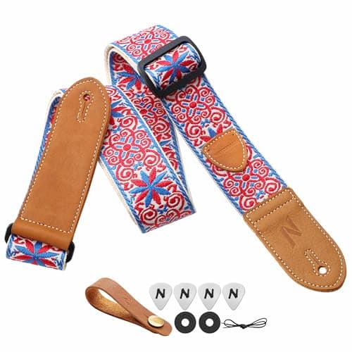 Nefelibata Vintage Woven Guitar Strap, Double Leather Ends, Vintage Blue Gold Embroidery-Free Bonusurities — A#-vintage Blue Red Embroidery