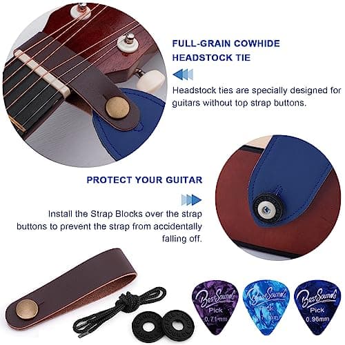 BestSounds Acoustic & Electric Guitar Strap with Leather Neck Strap, 3 Picks & 2 Button Blocks